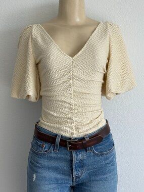 Free People Cream Puff Sleeve Top XS Dreamy Cottagecore Boho V-Neck Clean Girl